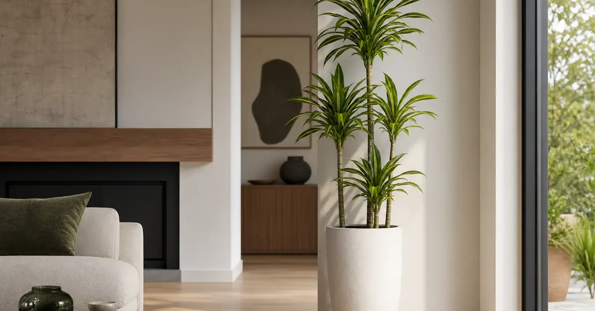 Dracaena with tall cane stems and striped leaves in modern tall ceramic planter