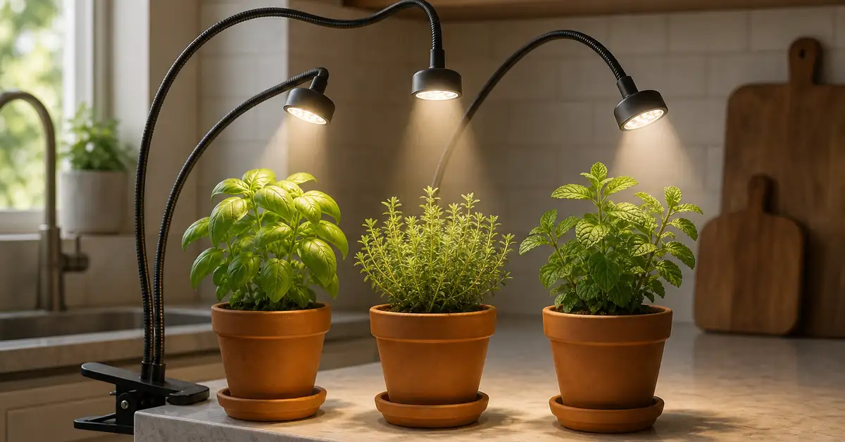 Flexible gooseneck three-head LED clip grow light over terracotta herb pots
