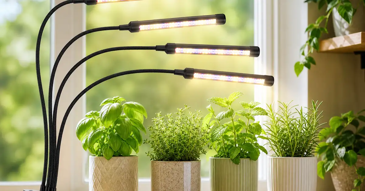 Four-head clip-on LED grow light with flexible gooseneck arms over herb pots on windowsill