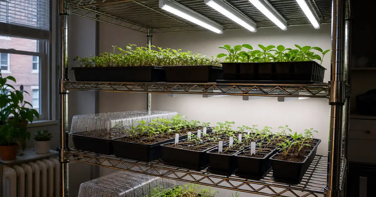 T5 LED grow light bars on wire shelving unit for seed starting in small apartment