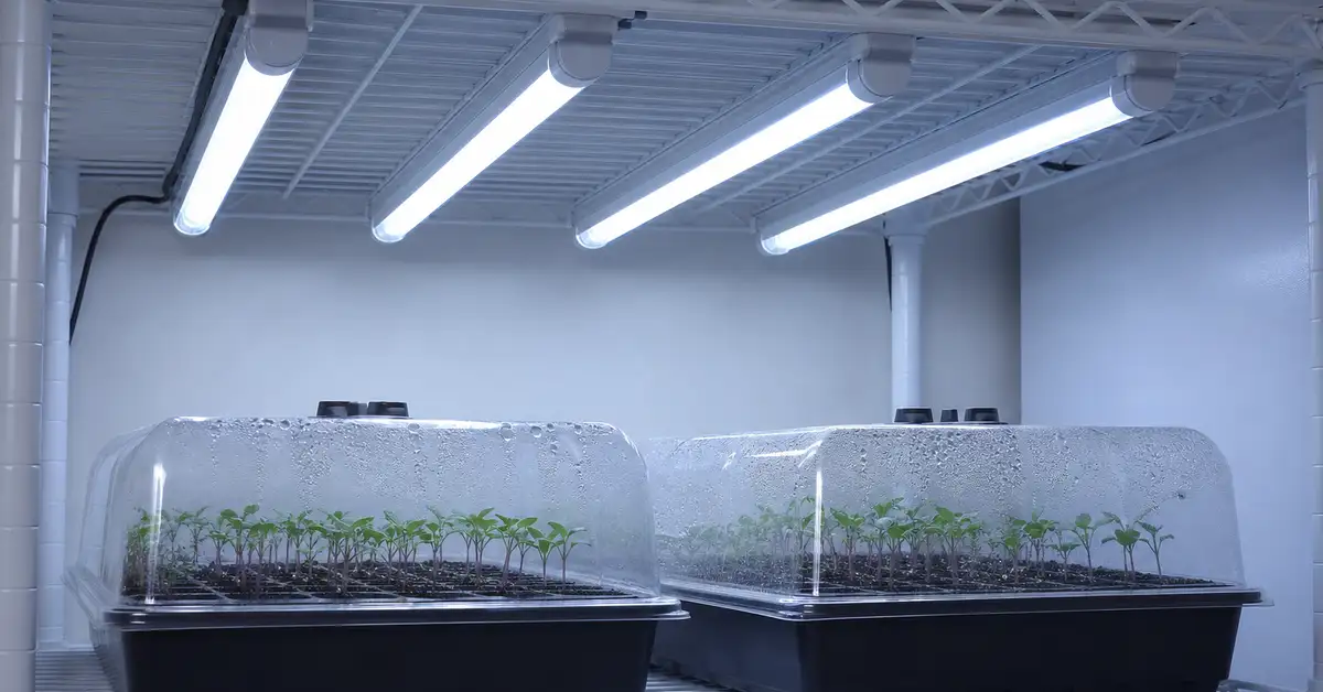 T5 LED grow light strips mounted under shelf above seedling trays under humidity domes