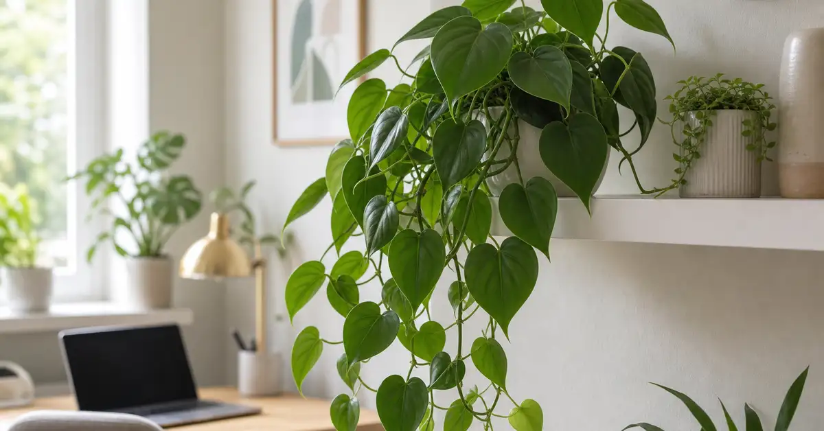 Heartleaf philodendron trailing from white shelf with bright indirect light