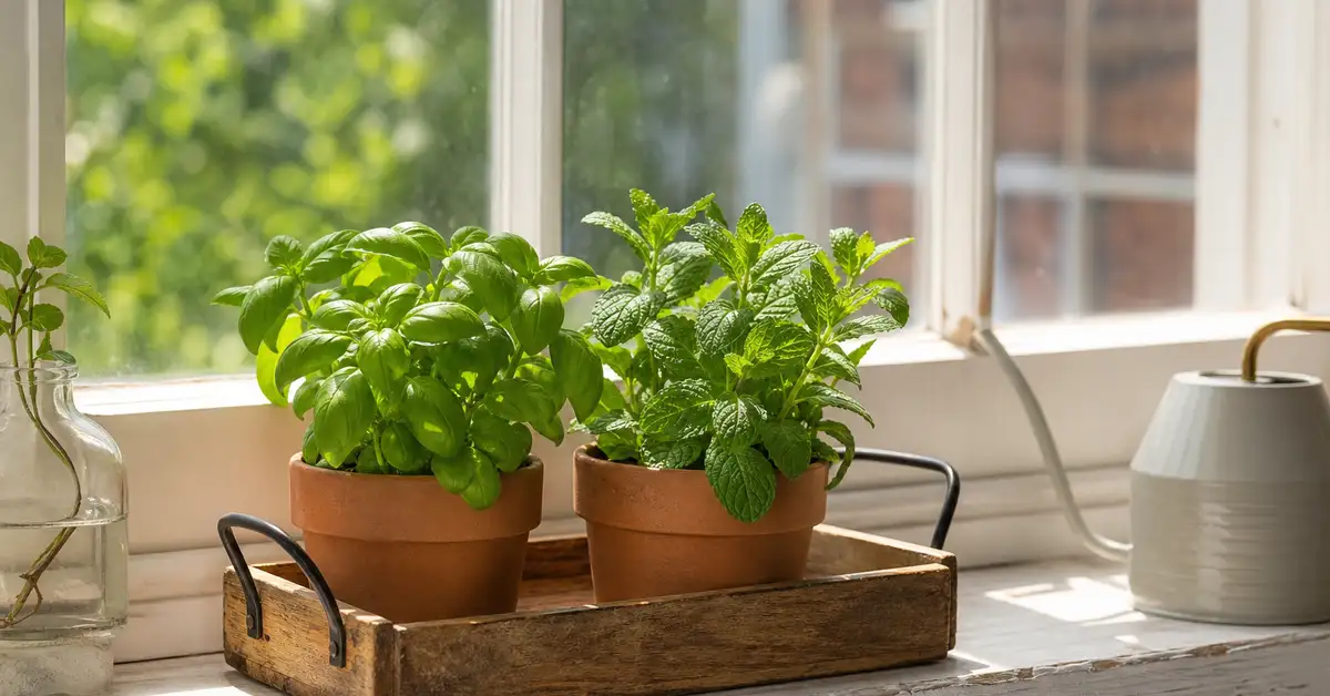 Rustic windowsill herb garden kit with small pots of basil and mint on a sunny kitchen windowsill