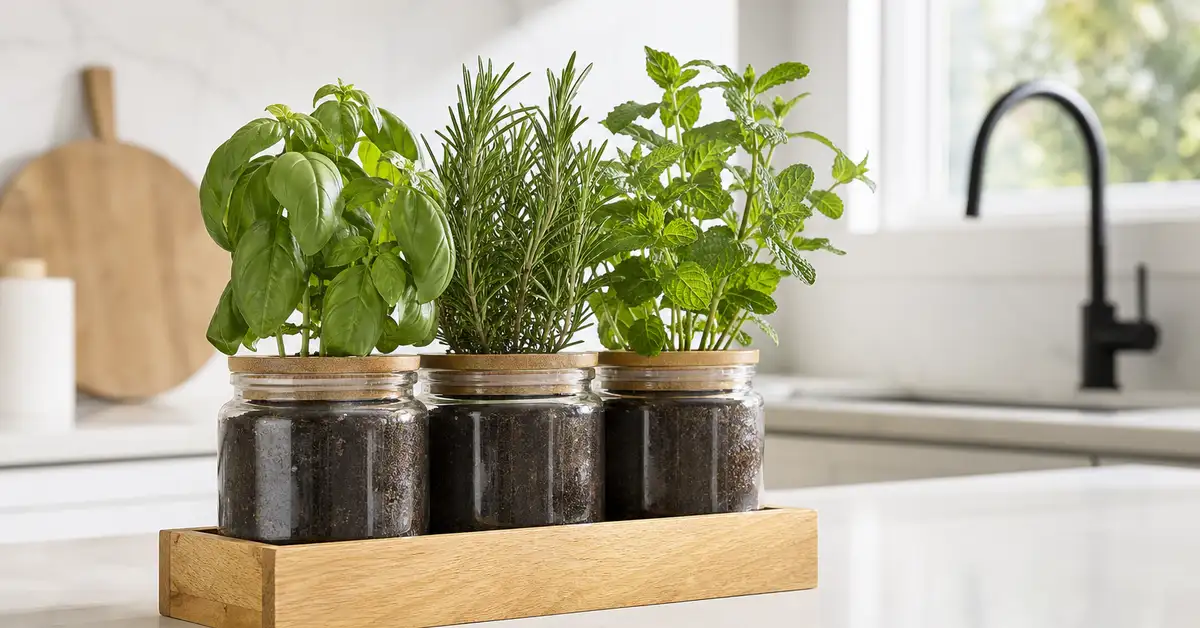 Modern glass jar herb garden kit with herbs growing on a bright minimalist kitchen counter