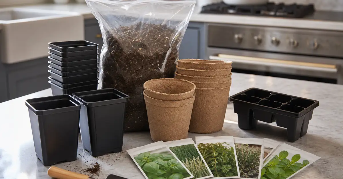 Budget herb garden kit with small plastic pots, soil, and herb seed packets laid out on a kitchen counter