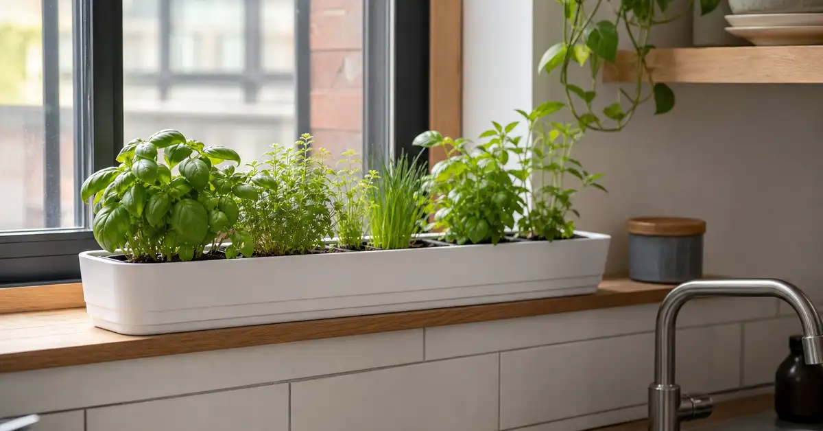 Slim windowsill herb planter kit fitted on a shelf beside a kitchen sink with herbs sprouting