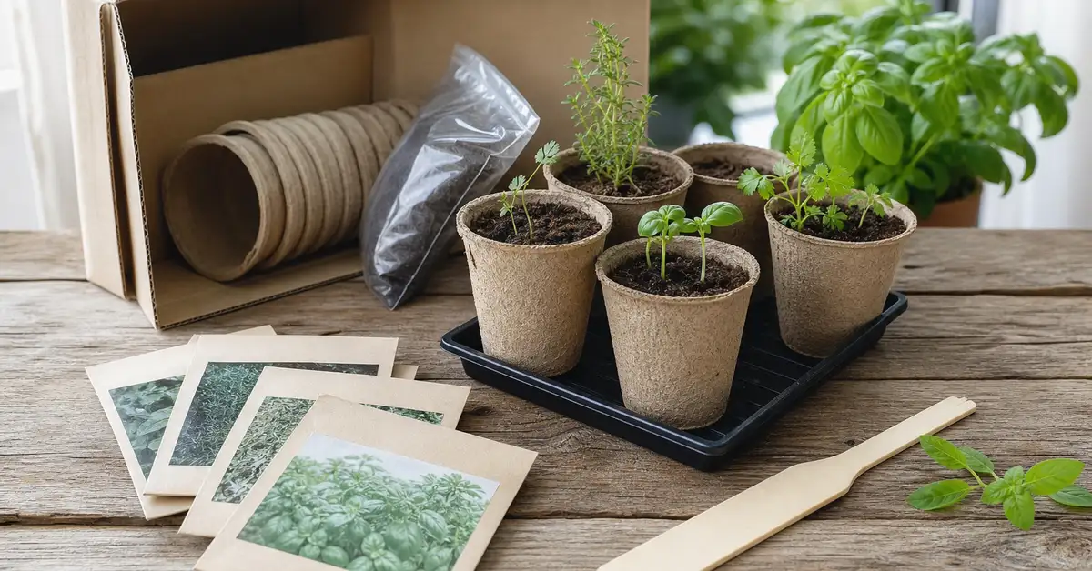 Seed-starting herb kit with small peat pots, seed packets, and a plant marker on a rustic wooden table