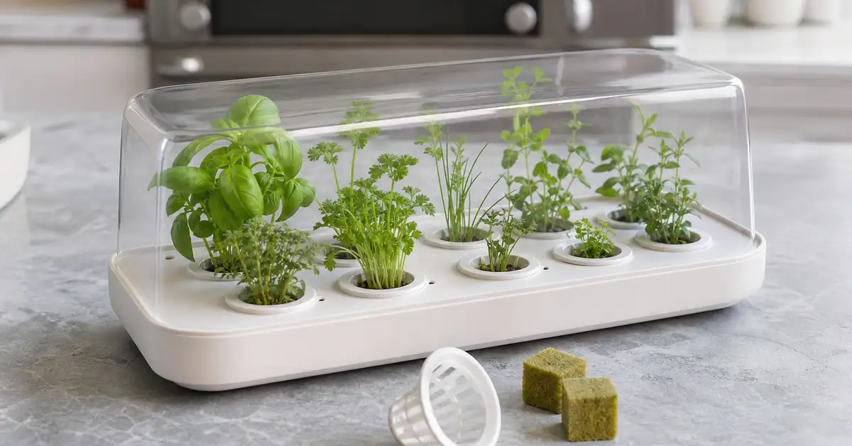 Compact hydroponic herb kit tray with seedling baskets, sponges, and a small clear dome cover on a kitchen counter