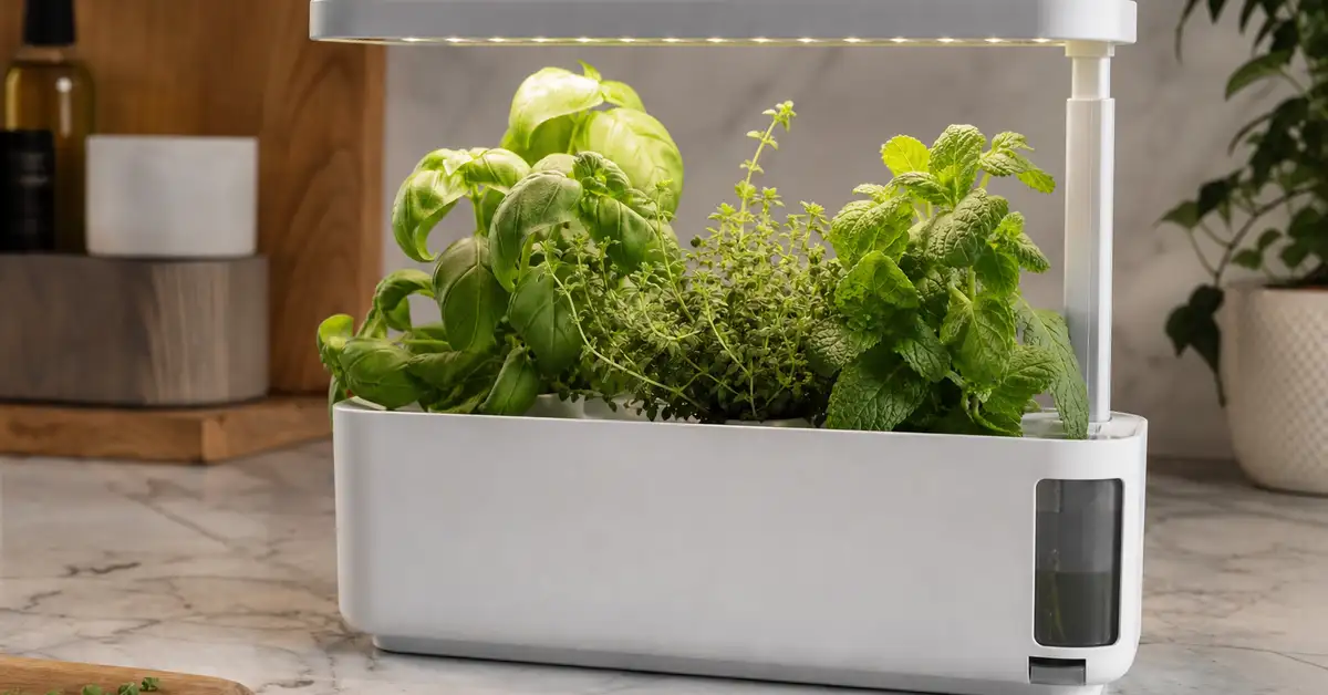 Countertop hydroponic herb kit with a small water reservoir, integrated LED grow light, and herbs sprouting