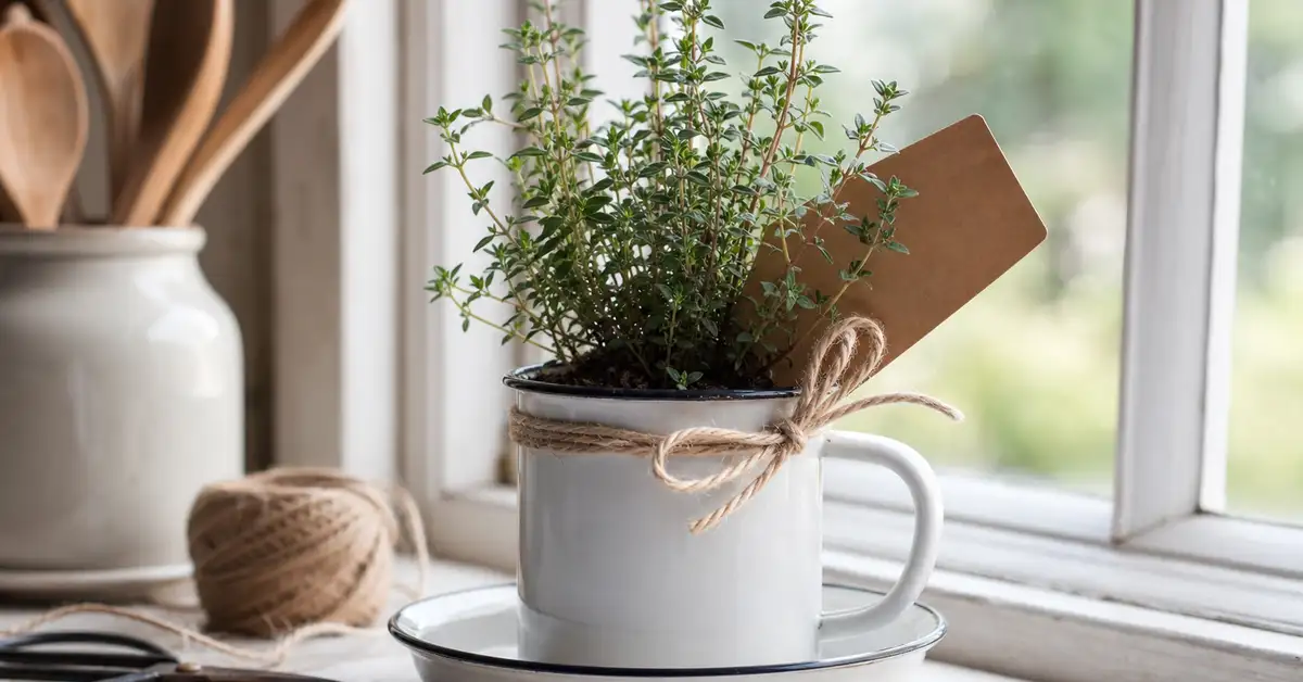 Small enamel mug planted with herb seedlings on a kitchen windowsill, gift-style presentation