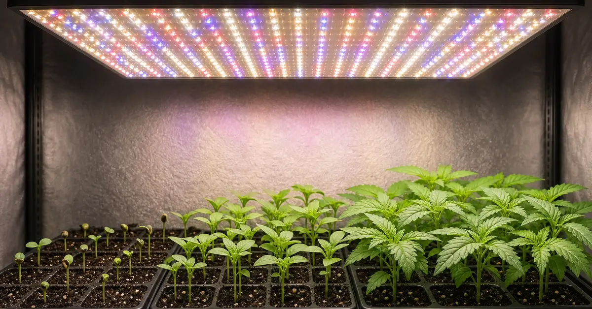 LED panel grow light above seedlings transitioning from germination to early veg