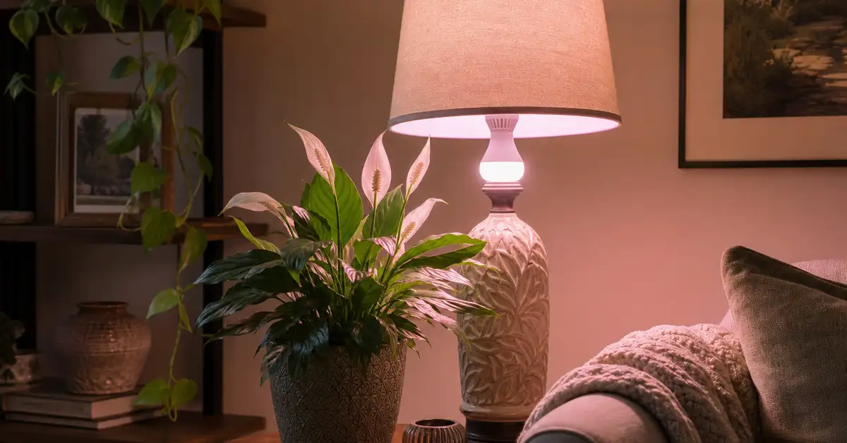LED grow light bulb in decorative table lamp illuminating peace lily