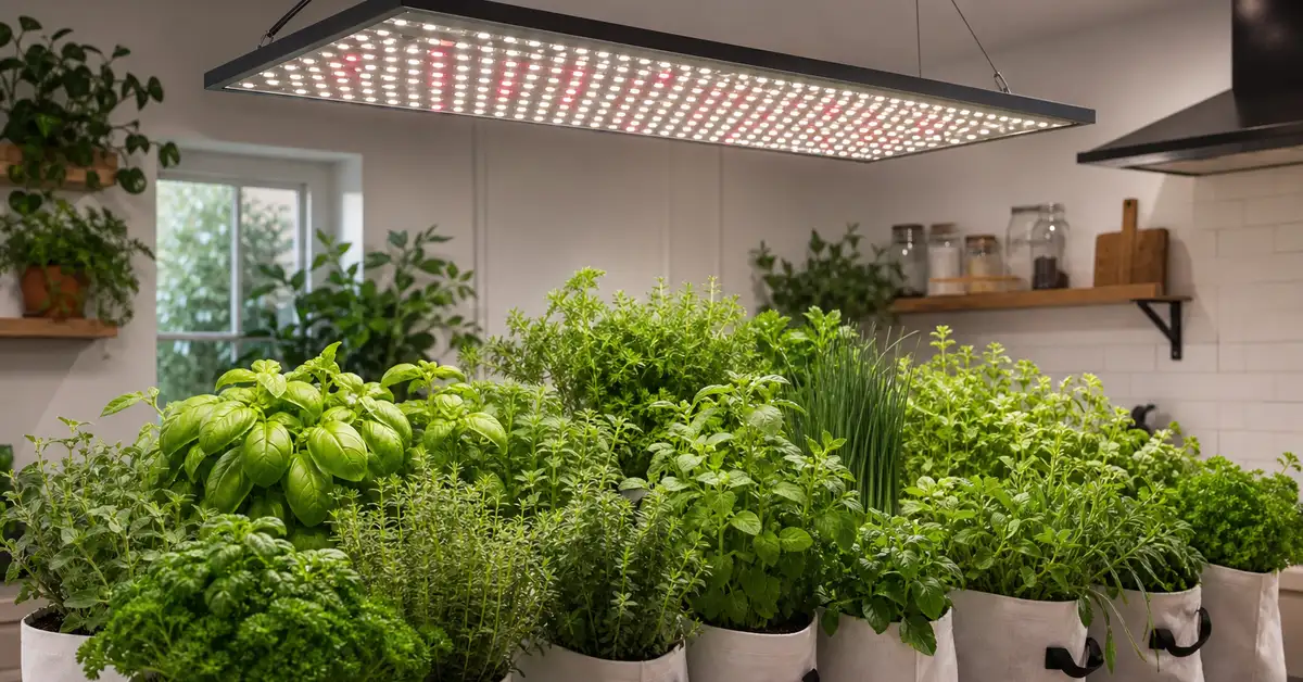 LED panel grow light above large kitchen herb collection in grow bags