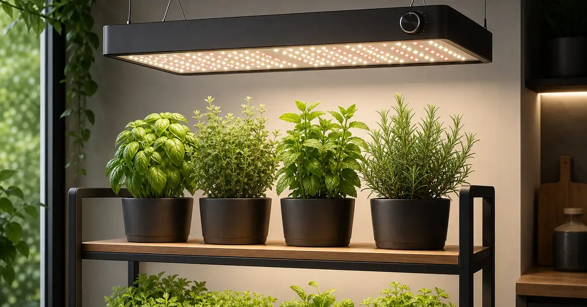 LED quantum board grow light with integrated dimmer dial over indoor herb shelf