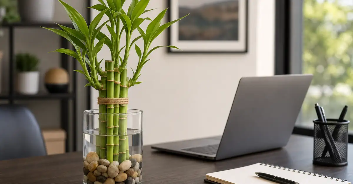 Lucky bamboo with tied stalks in clear glass vase on modern desk