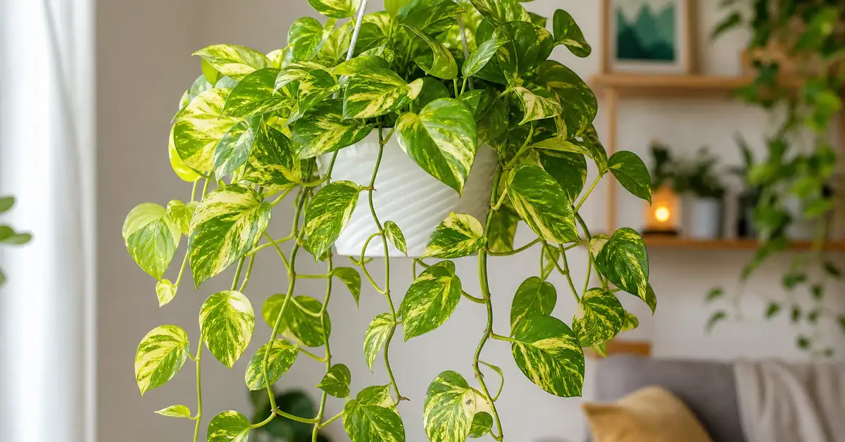 Golden pothos vine with trailing variegated leaves in white hanging pot, bright indirect indoor light