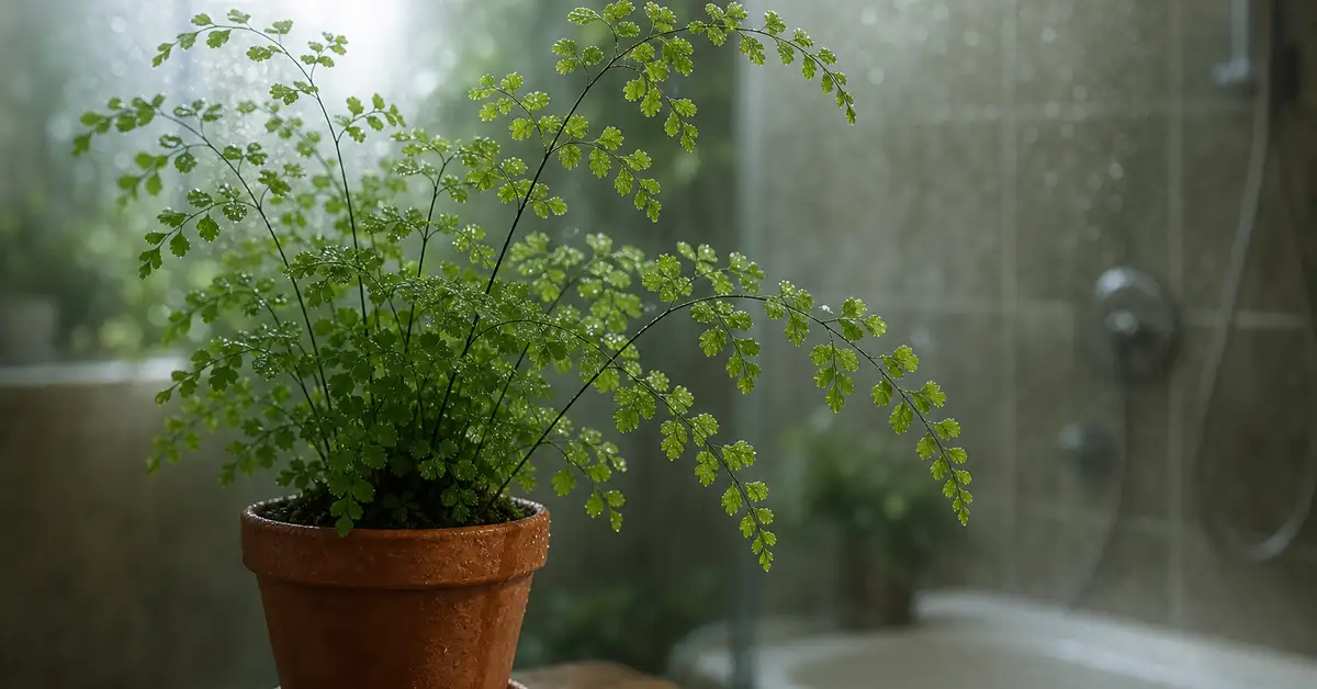 Maidenhair fern with delicate fan-shaped leaflets in terracotta pot in humid bathroom