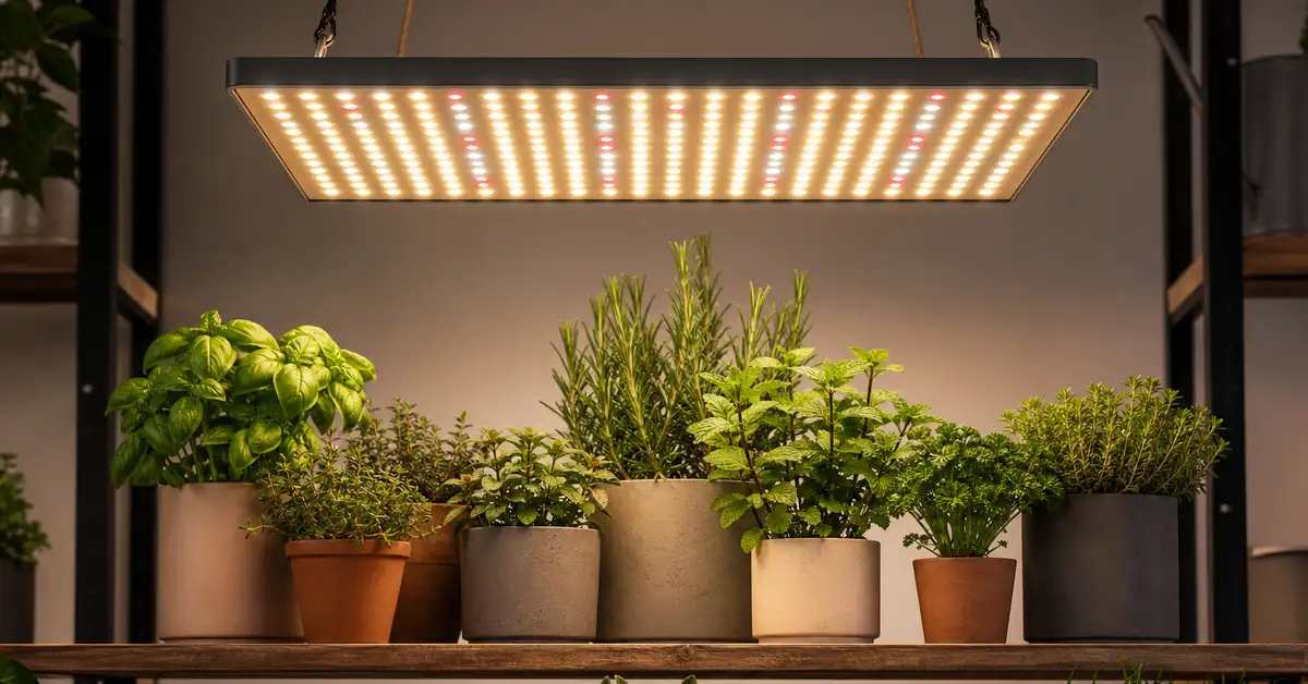 Medium LED quantum board grow light panel with rope hangers over herb shelf