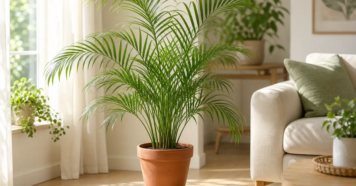 Parlor palm with feathery arching fronds in terracotta pot in bright living room