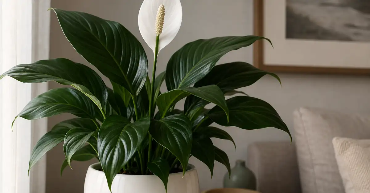 Peace lily with white bloom and glossy leaves in white ceramic pot indoors