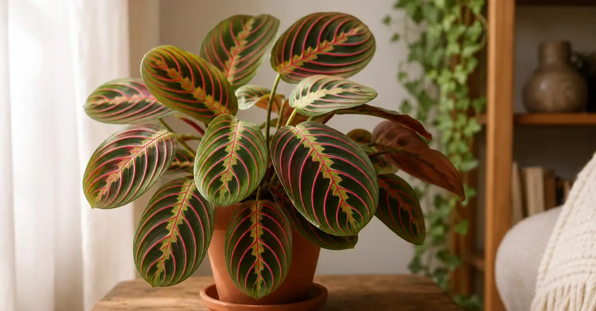 Prayer plant with red-veined patterned leaves in terracotta pot in home setting
