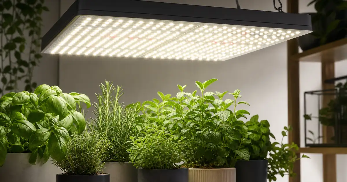 Premium high-density LED grow light panel above indoor herb collection