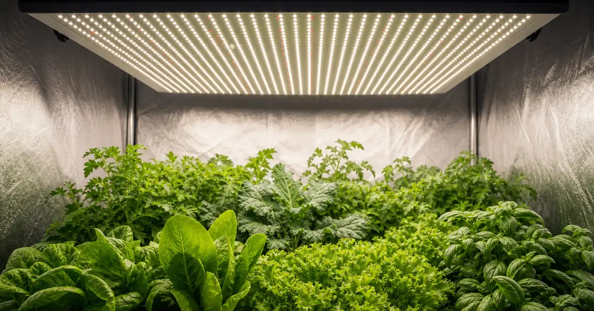 Professional LED grow light panel illuminating 3x3 foot indoor growing space