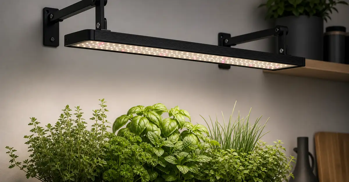 Slim LED grow light panel with black aluminum housing over indoor herb garden