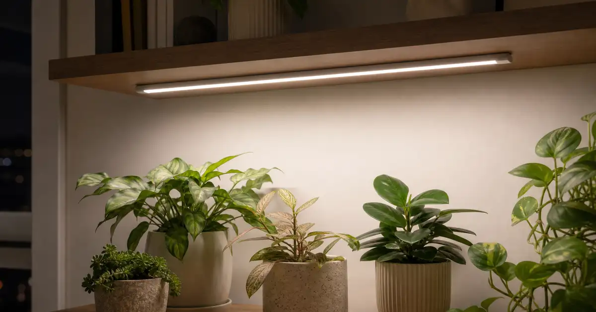 Slim T5 LED bar strip under floating bookshelf with small plant collection below