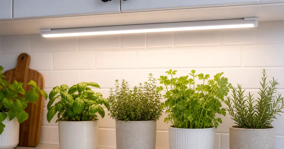 Slim T5 LED under-cabinet grow light bar with herb pots below