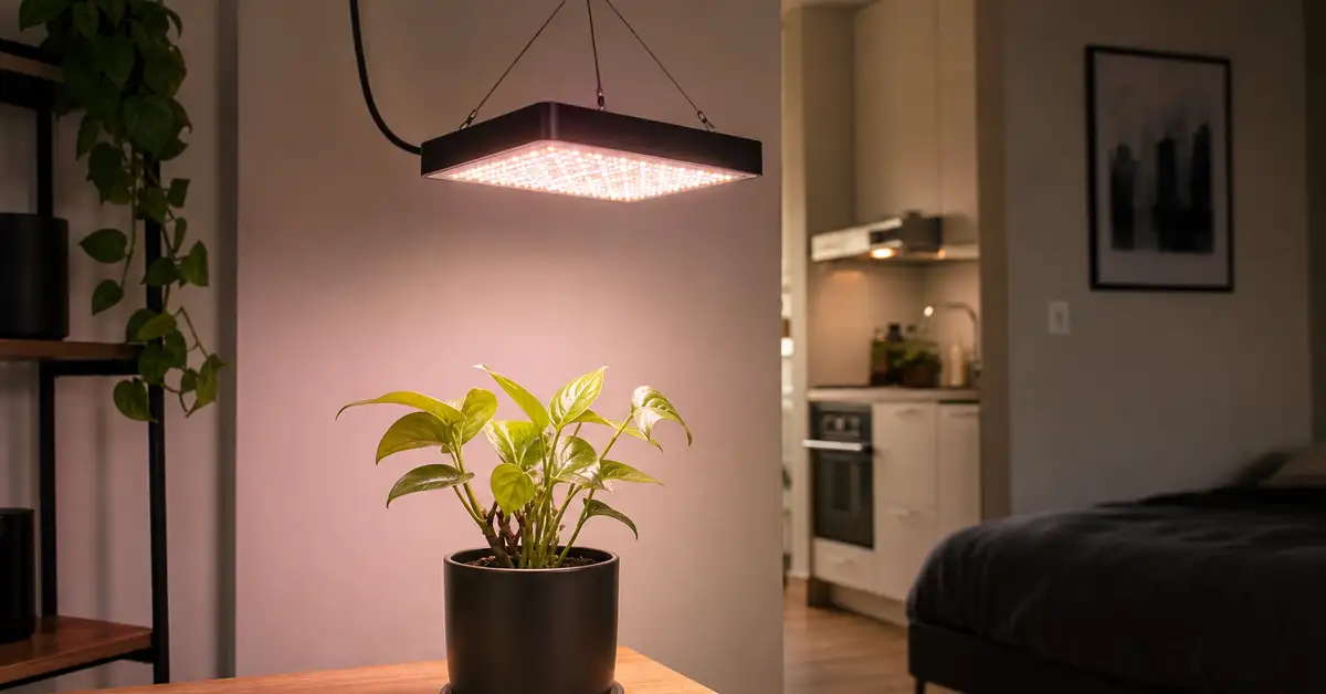 Small 45W LED grow light panel above single potted plant on apartment table