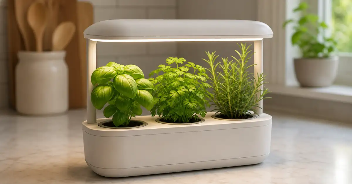 Small all-in-one indoor herb growing pod with LED hood on kitchen counter