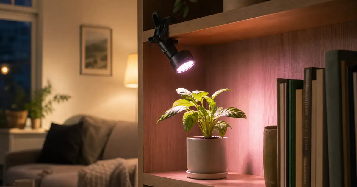 Small clip-on LED grow light on bookshelf over single small plant