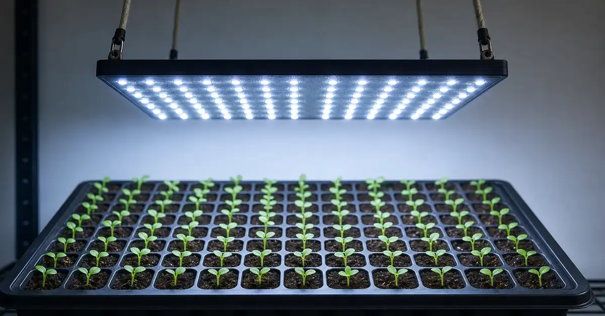 Small LED quantum board panel above 72-cell seedling tray with sprouted seedlings
