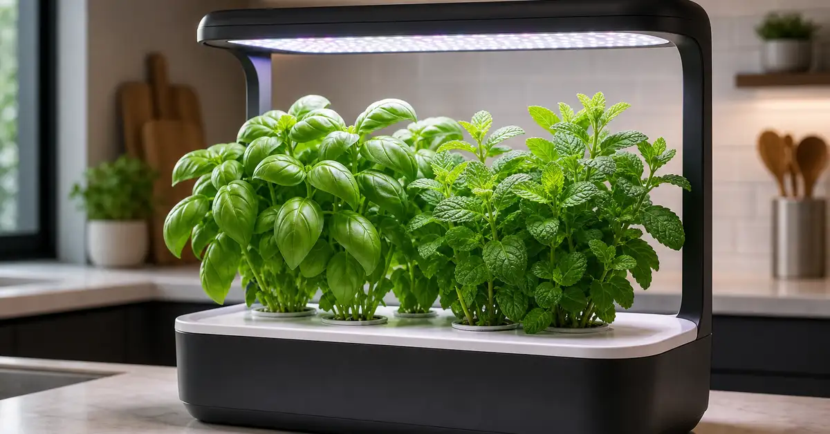 Smart indoor herb garden with integrated LED hood and herbs in water pods