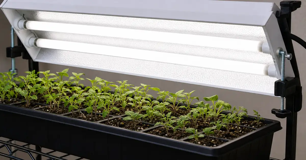 T5 fluorescent two-lamp grow light fixture above seed starting tray