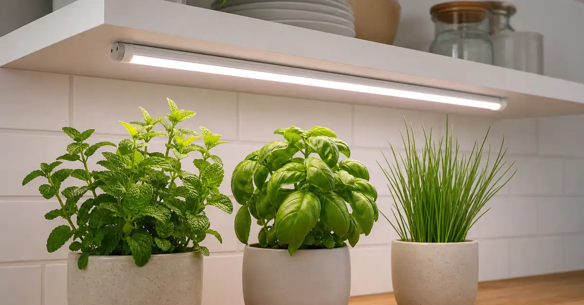 T5 LED grow light strip under white shelf above herb pots