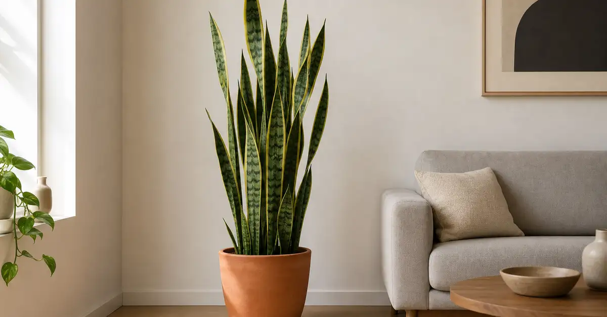Snake plant with upright striped leaves in terracotta pot in minimalist living room