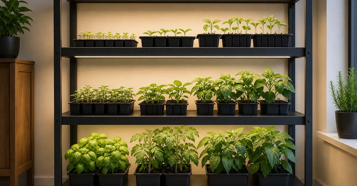 Three-tier metal plant stand with LED strip lights for seedlings at progressive stages