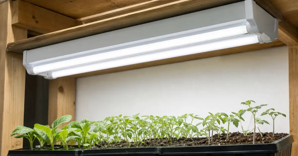 Traditional T5 fluorescent grow light fixture above wooden shelving with seedlings