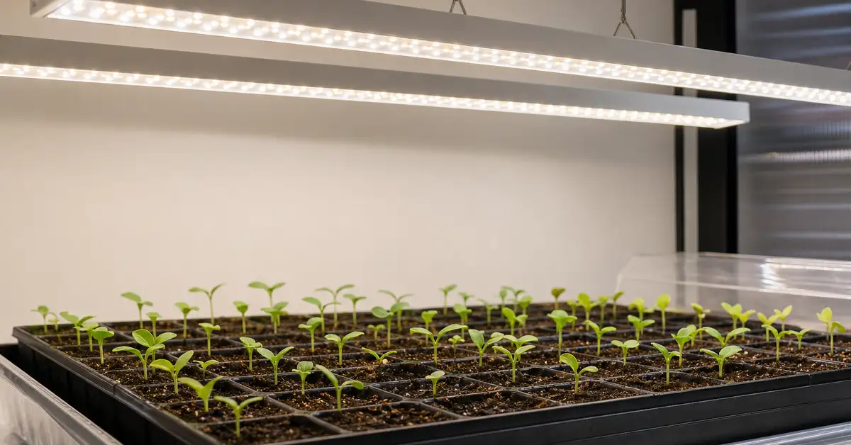 White LED grow light bars above germination setup with tiny seedlings