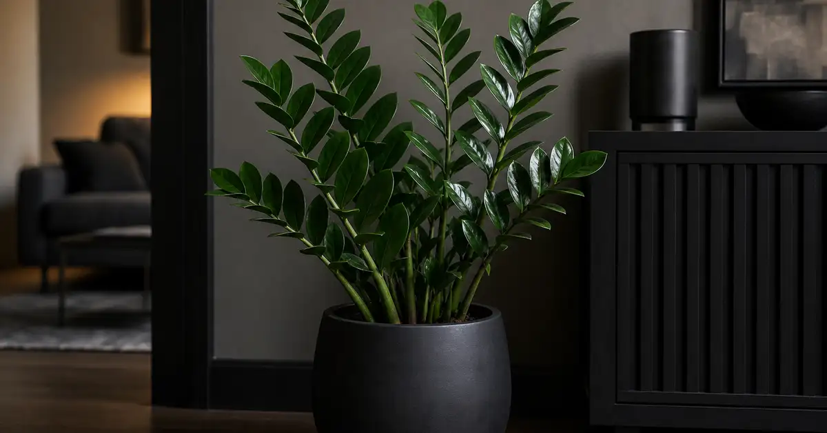 ZZ plant with glossy dark green leaves in matte black pot in modern home interior