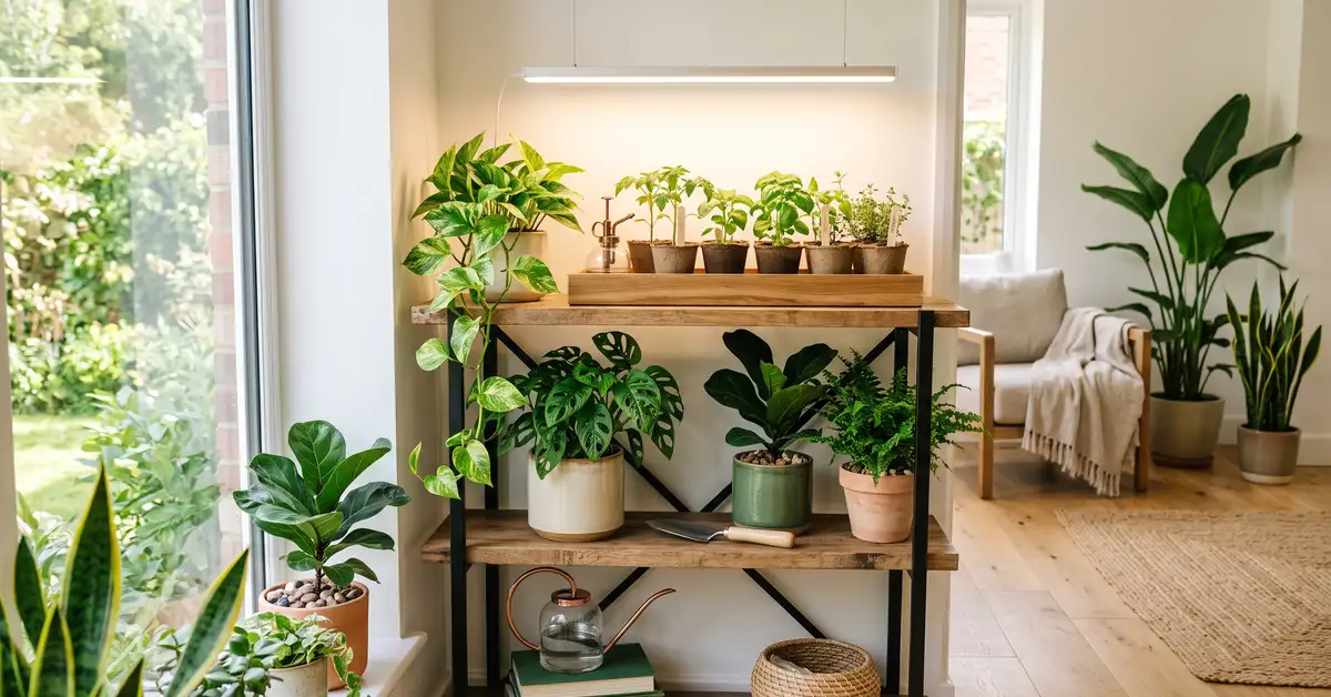Bright home corner with houseplants and seedlings thriving under a modern LED grow light