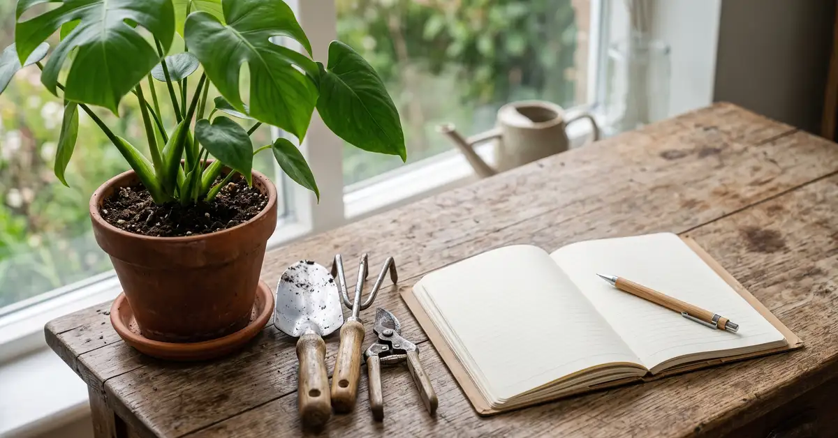 Notebook and gardening tools beside a thriving potted plant