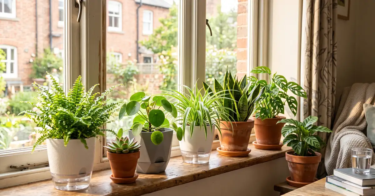 Self-watering planters on a windowsill